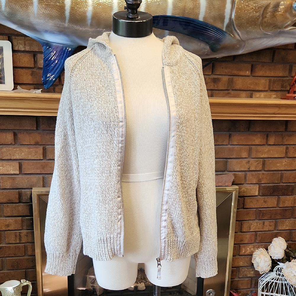 J. Jill Tan Knit Zipper Front Cardigan Hoodie Size Large Cotton Blend Minimalist